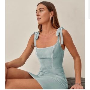 Reformation Minna Blue Velvet mini dress bow ties size 2 summer dress